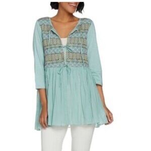 New Lavish Aqua Olive Textured tie Top LOGO by Lori Goldstein size large gauze L